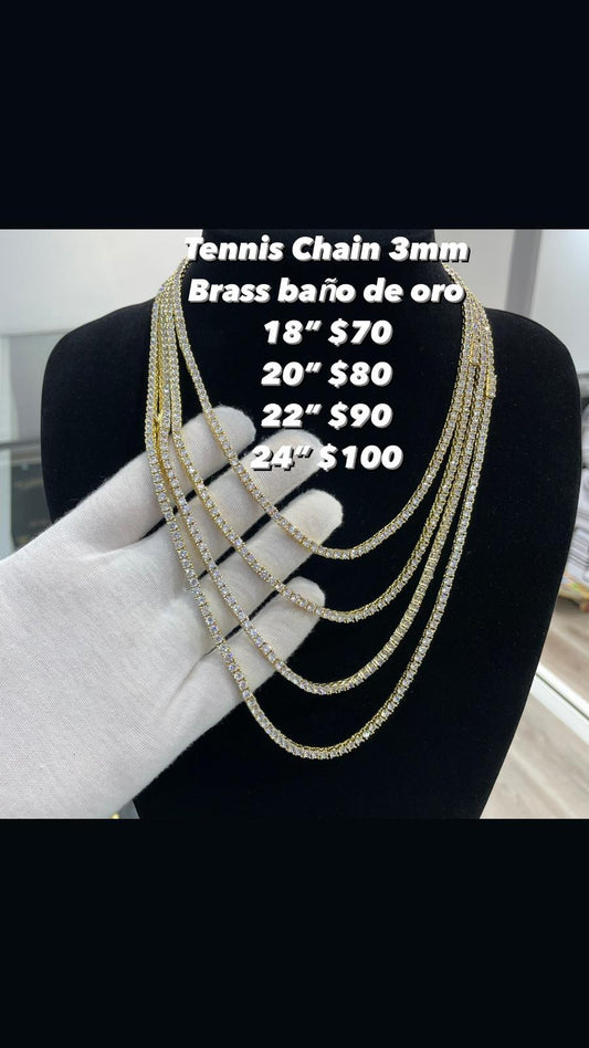 Tennis Chain 3mm Brass Baño en oro